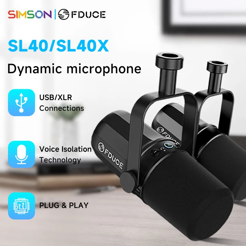 Microfone Dinâmico FDUCE SL40X/SL40 USB/XLR com Saída para Headset e Isolamento de Som - Ideal para Podcasts, Jogos e Transmissões Ao Vivo