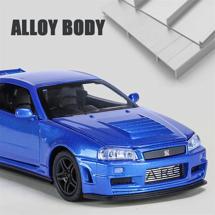 🚗 Miniatura GTR R34 Skyline 1:32 – Carro Colecionável de Liga Metálica | Modelo Fast & Furious | Brinquedo Decorativo