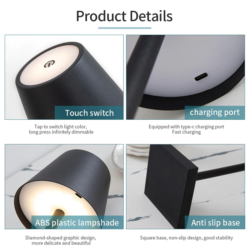 Rechargeable LED Table Lamp - Touch Switch, 3 Levels Dimmable Desk Light