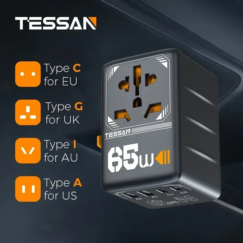 TESSAN 100W GaN Universal Travel Adapter – Carregue com Facilidade em Qualquer Lugar!