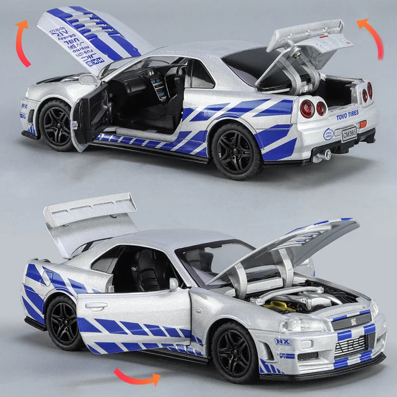 🚗 Miniatura GTR R34 Skyline 1:32 – Carro Colecionável de Liga Metálica | Modelo Fast & Furious | Brinquedo Decorativo