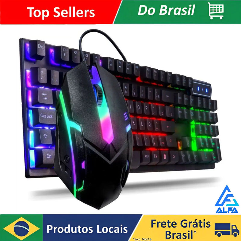 Kit Gamer: Teclado Semi-Mecânico + Mouse 3200DPI USB RGB Iluminado