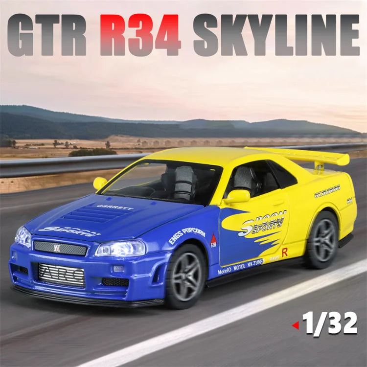 🚗 Miniatura GTR R34 Skyline 1:32 – Carro Colecionável de Liga Metálica | Modelo Fast & Furious | Brinquedo Decorativo