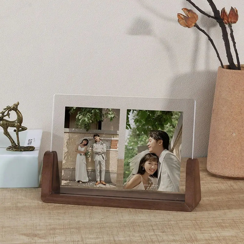 Porta-Retrato Criativo em Formato U de Acrílico com Madeira Nogueira/Bétula para Mesa - Decoração de Casamento ou Escritório