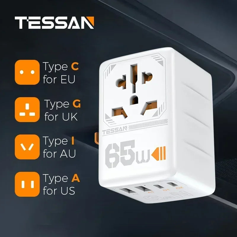 TESSAN 100W GaN Universal Travel Adapter – Carregue com Facilidade em Qualquer Lugar!
