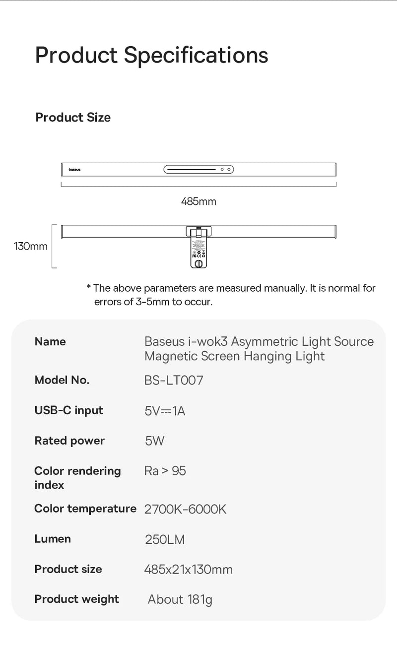 Luminária Magnética Baseus para Tela de Computador – Luz de Mesa LED Ajustável, Controle por Toque e Iluminação para Leitura