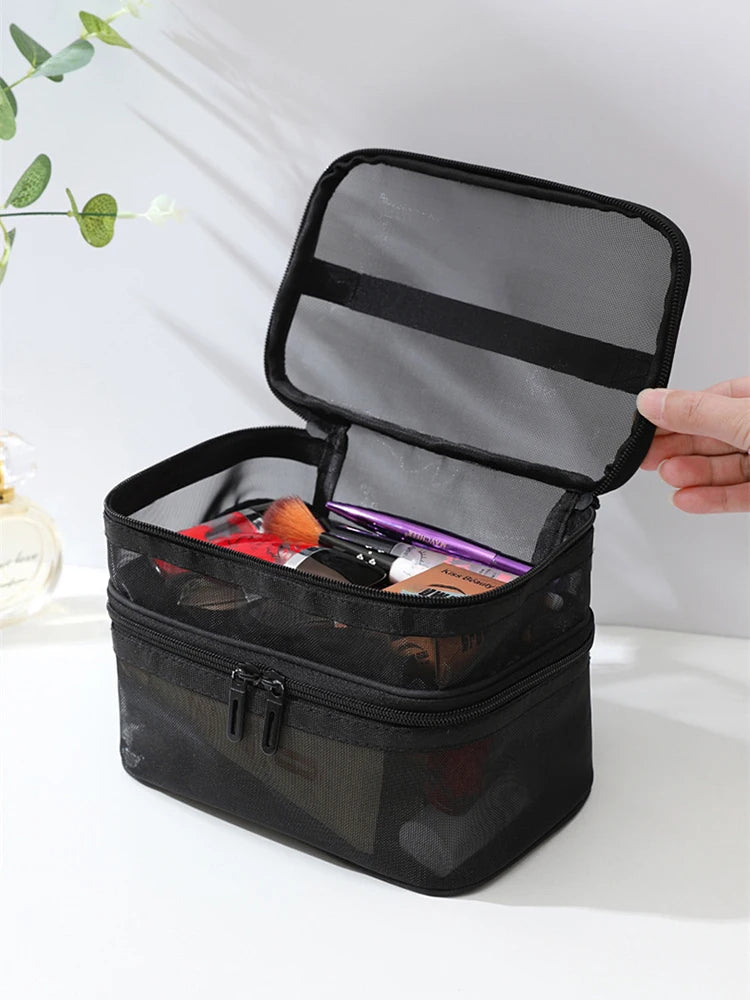 Double Layer Mesh Makeup Bag – Organização e Estilo em Cada Detalhe