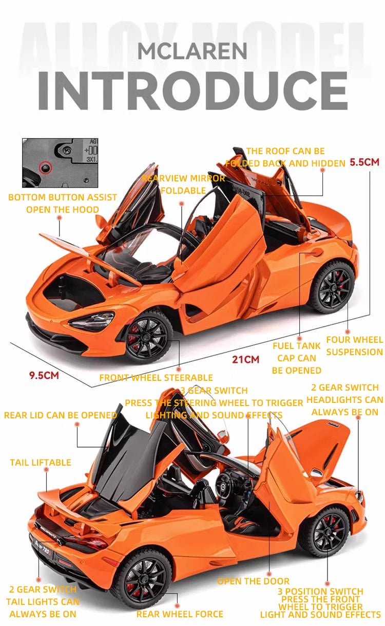 Mclaren 720s 1:24 Super Sportcar Sound & Light Miniatures Alloy Diecast Model Car Presents For Boyfriend Toys For Kid Gift Metal