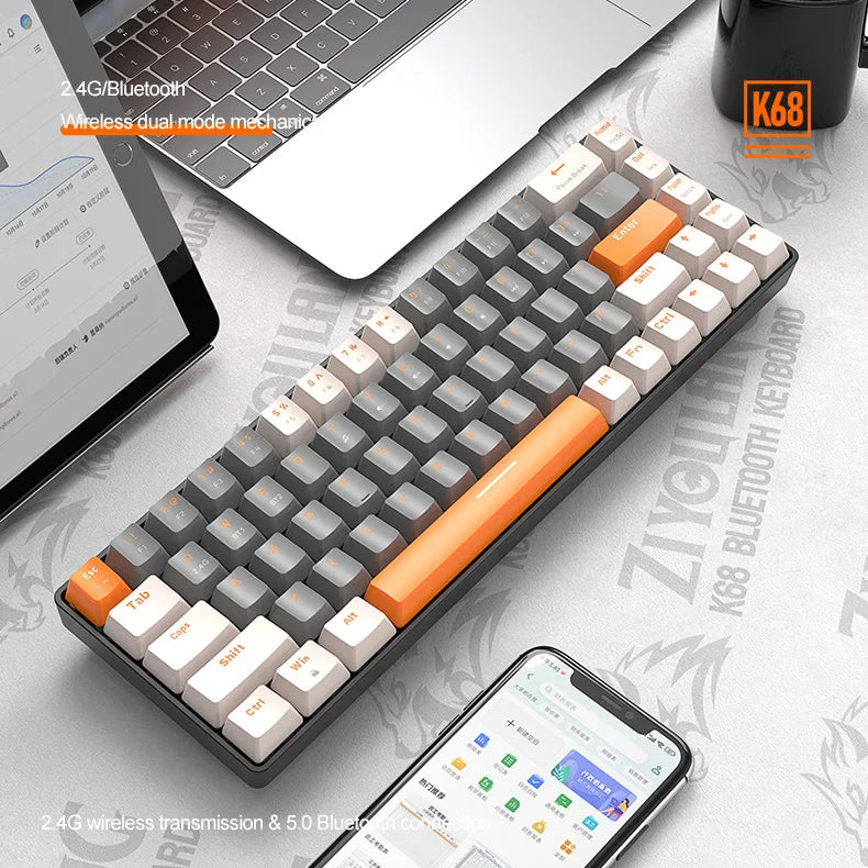 Teclado Mecânico Wireless 60% Ziyoulang – Dual Mode Bluetooth/USB, Hot-Swappable, 68 Teclas, Switch Vermelho, Para PC, PS4, Xbox, iPhone e iPad