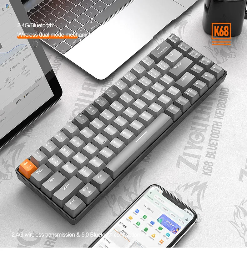 Teclado Mecânico Wireless 60% Ziyoulang – Dual Mode Bluetooth/USB, Hot-Swappable, 68 Teclas, Switch Vermelho, Para PC, PS4, Xbox, iPhone e iPad