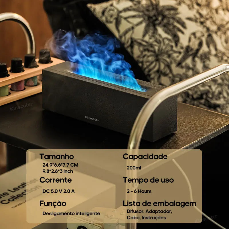 Difusor de Aroma KINSCOTER Flame - Umidificador de Ar Ultrassônico com Luz LED e Óleos Essenciais