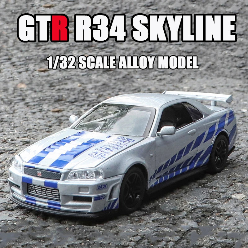 🚗 Miniatura GTR R34 Skyline 1:32 – Carro Colecionável de Liga Metálica | Modelo Fast & Furious | Brinquedo Decorativo