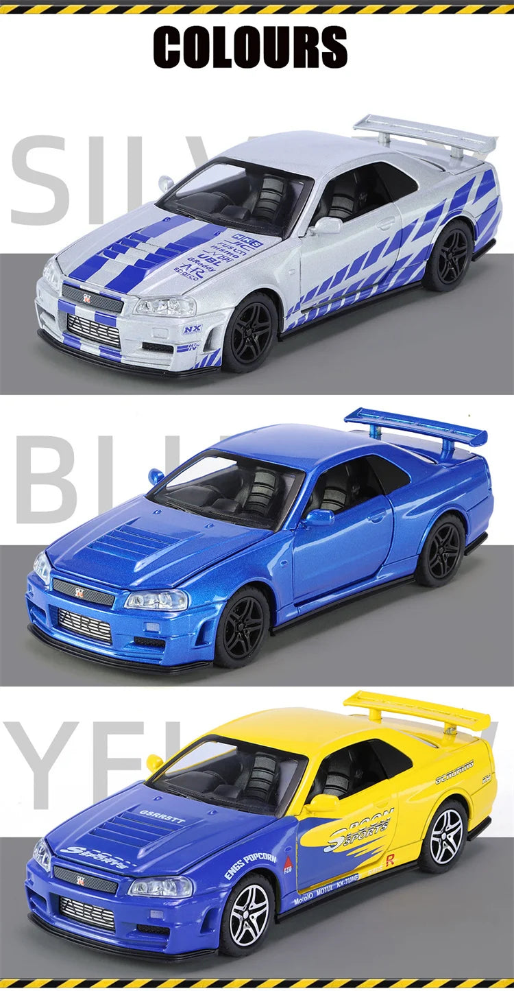 🚗 Miniatura GTR R34 Skyline 1:32 – Carro Colecionável de Liga Metálica | Modelo Fast & Furious | Brinquedo Decorativo
