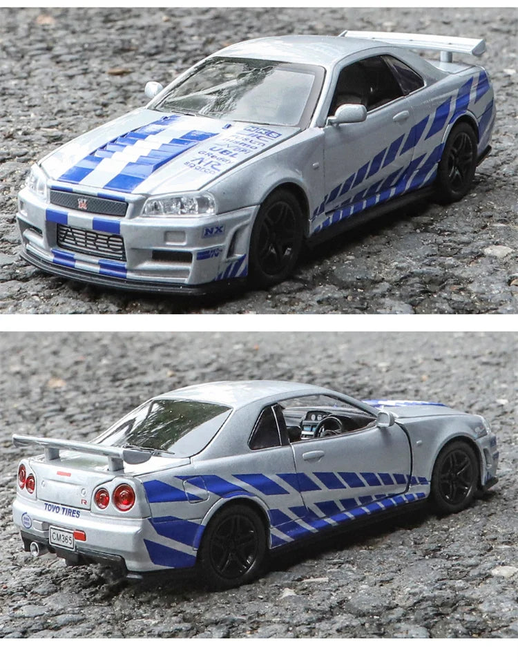 🚗 Miniatura GTR R34 Skyline 1:32 – Carro Colecionável de Liga Metálica | Modelo Fast & Furious | Brinquedo Decorativo