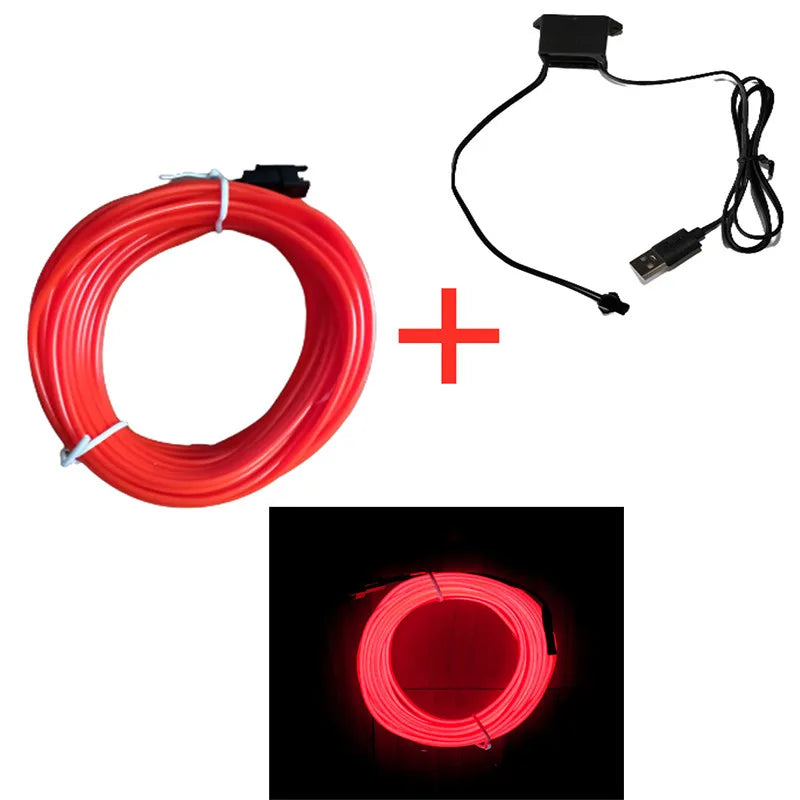 Fita de LED Neon Flex 5m com Conexão USB – Iluminação Interna Decorativa para Carros | 5V Flexível e DIY