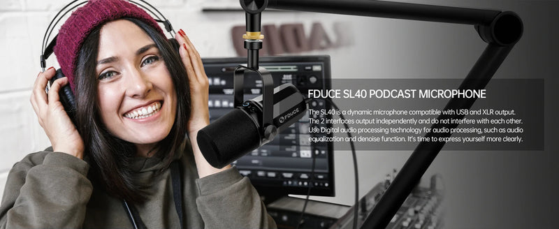 Microfone Dinâmico FDUCE SL40X/SL40 USB/XLR com Saída para Headset e Isolamento de Som - Ideal para Podcasts, Jogos e Transmissões Ao Vivo