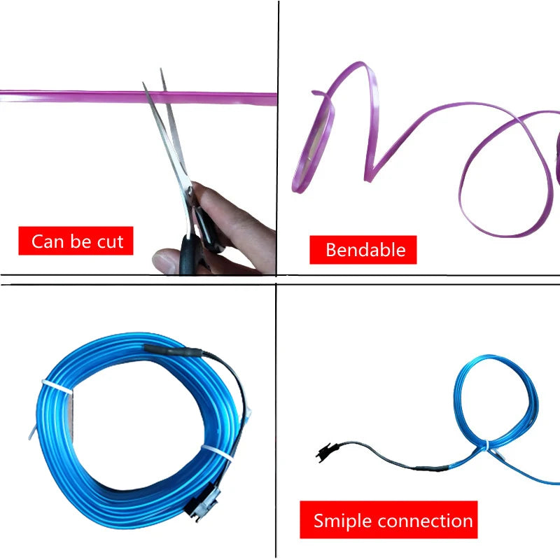 Fita de LED Neon Flex 5m com Conexão USB – Iluminação Interna Decorativa para Carros | 5V Flexível e DIY