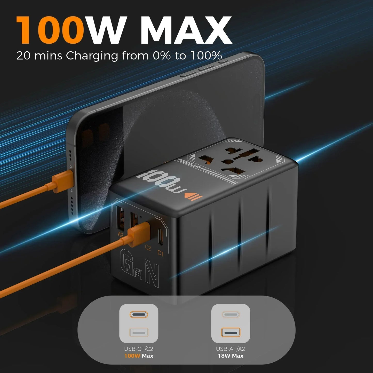 TESSAN 100W GaN Universal Travel Adapter – Carregue com Facilidade em Qualquer Lugar!