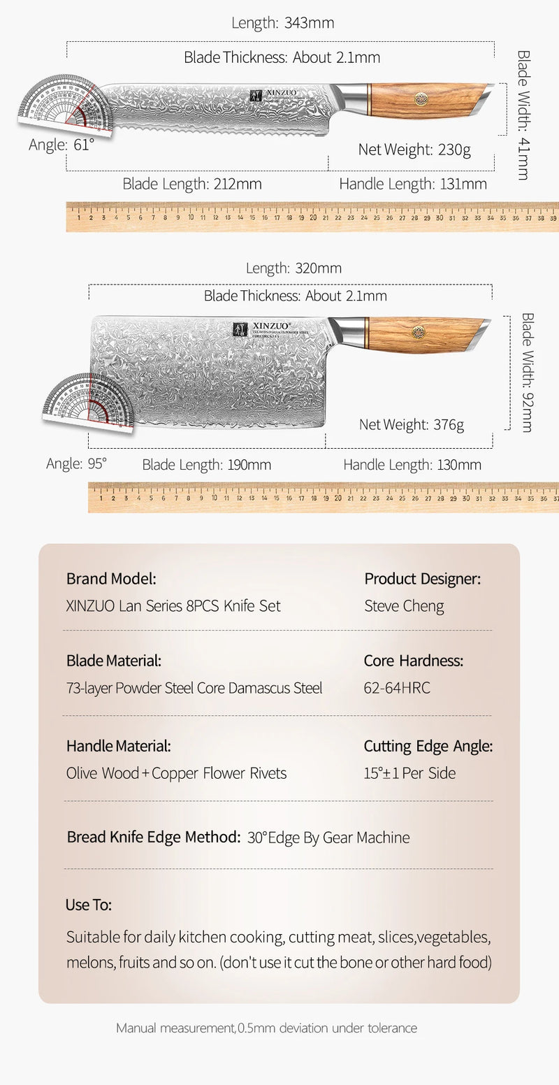 Kit de Facas XINZUO 1-8 Peças em Aço Damasco com Cabo de Madeira de Oliva – Precisão e Elegância para Sua Cozinha