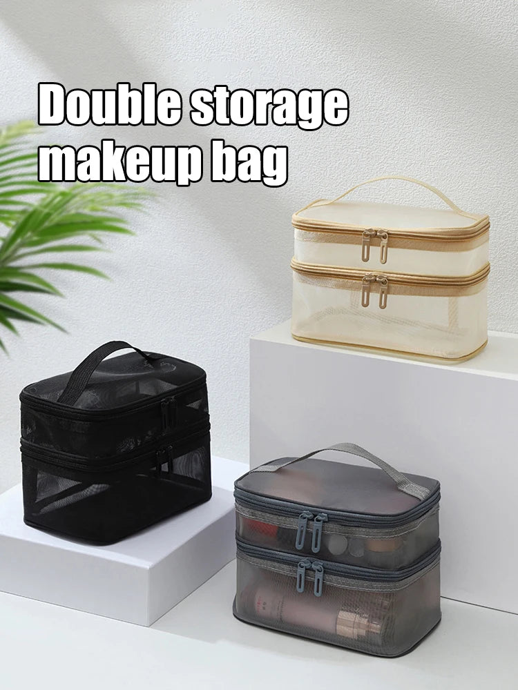 Double Layer Mesh Makeup Bag – Organização e Estilo em Cada Detalhe