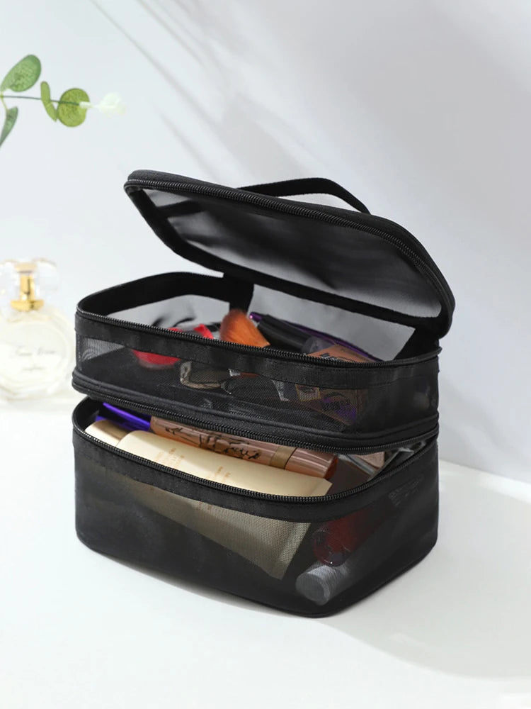 Double Layer Mesh Makeup Bag – Organização e Estilo em Cada Detalhe