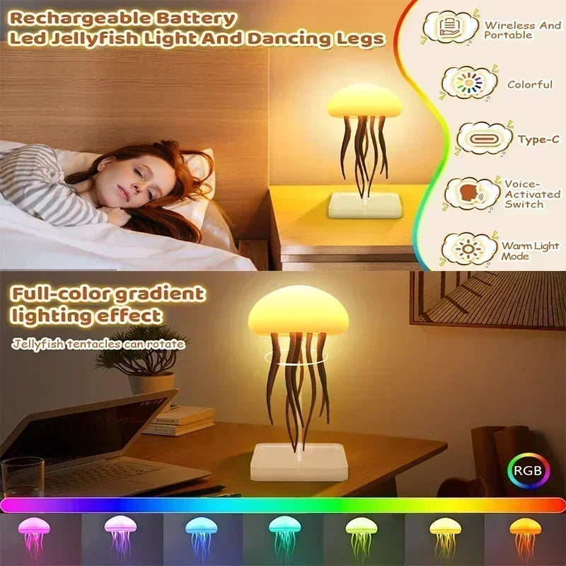 Luminária Noturna de Água-viva Dançante RGB - Controle por Voz e Carregamento Tipo-C!