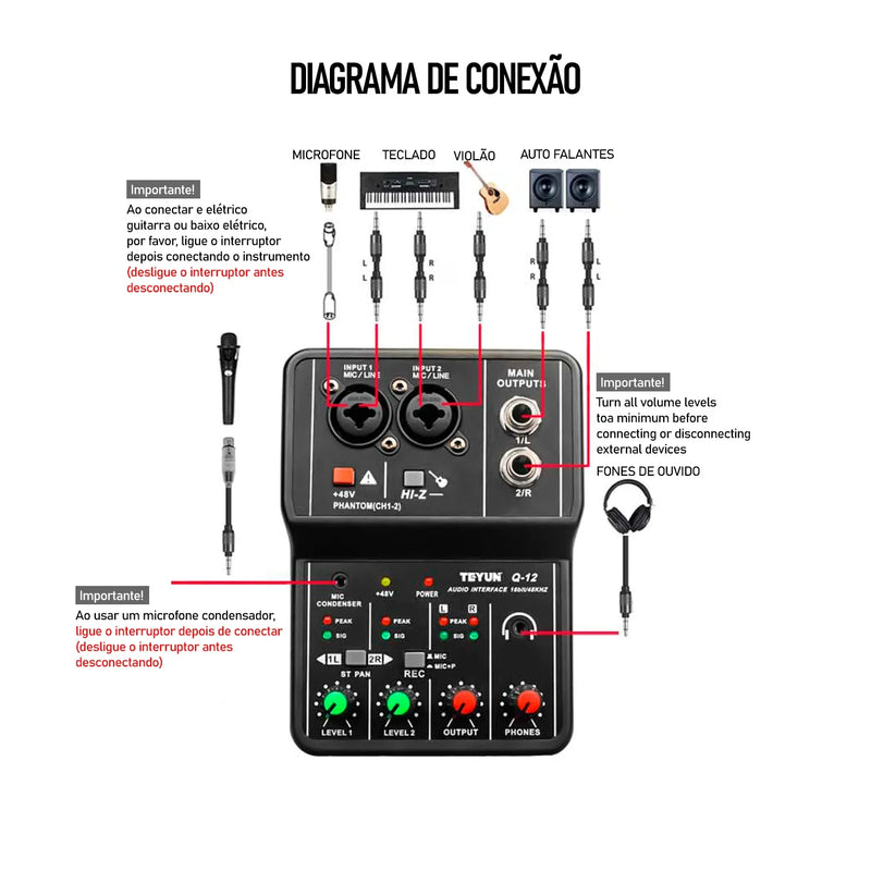 TEYUN Professional Sound Card Audio Mixer – Mixer de Áudio para Estúdio e Gravação ao Vivo