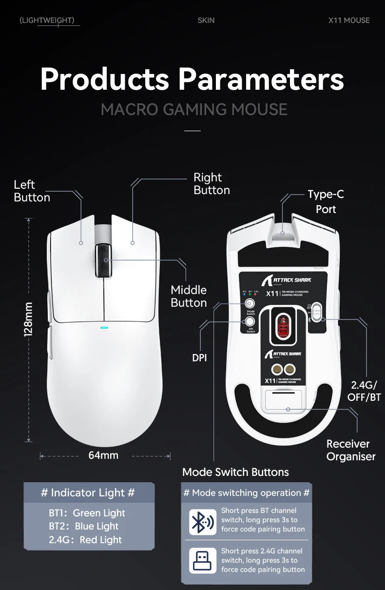 Mouse Gamer Attack Shark X11 Wireless - Conexão Tri-Mode 2.4GHz/Wired/Bluetooth PAW3311 22000DPI RGB para PC