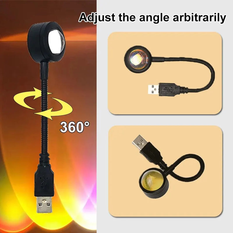 Lâmpada de Pôr do Sol USB - Iluminação LED Arco-Íris para Decoração de Ambiente