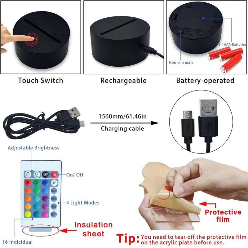 Luminária 3D Noturna Stitch – Controle Remoto, Toque Inteligente e Decoração Divertida