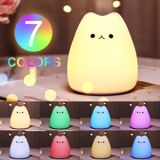 Luminária Noturna Kawaii de Gato – Toque para Troca de Cores, Proteção para os Olhos e Iluminação Suave