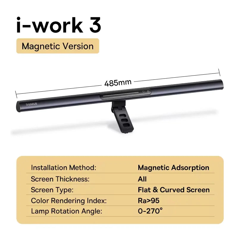 Luminária Magnética Baseus para Tela de Computador – Luz de Mesa LED Ajustável, Controle por Toque e Iluminação para Leitura
