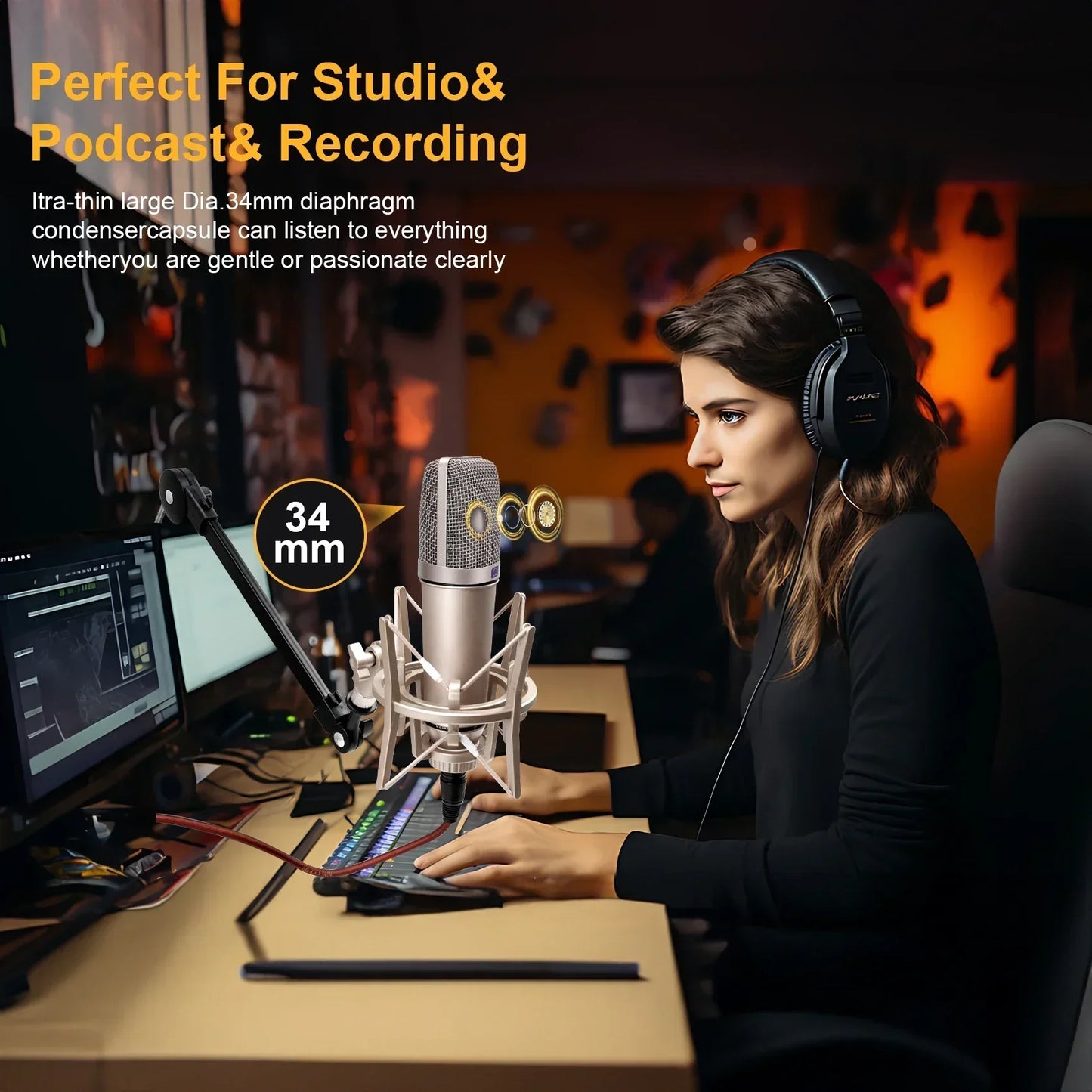 Condenser Microphone – Microfone Profissional para Gravação, Podcasting, Voz e Transmissão Ao Vivo