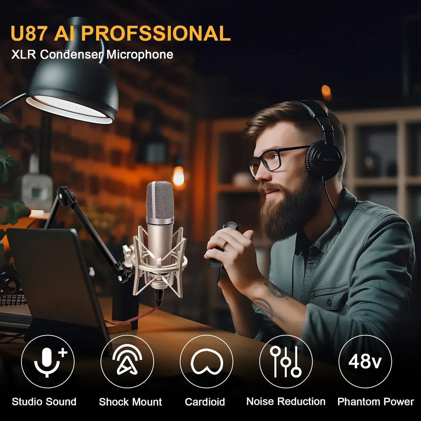Condenser Microphone – Microfone Profissional para Gravação, Podcasting, Voz e Transmissão Ao Vivo