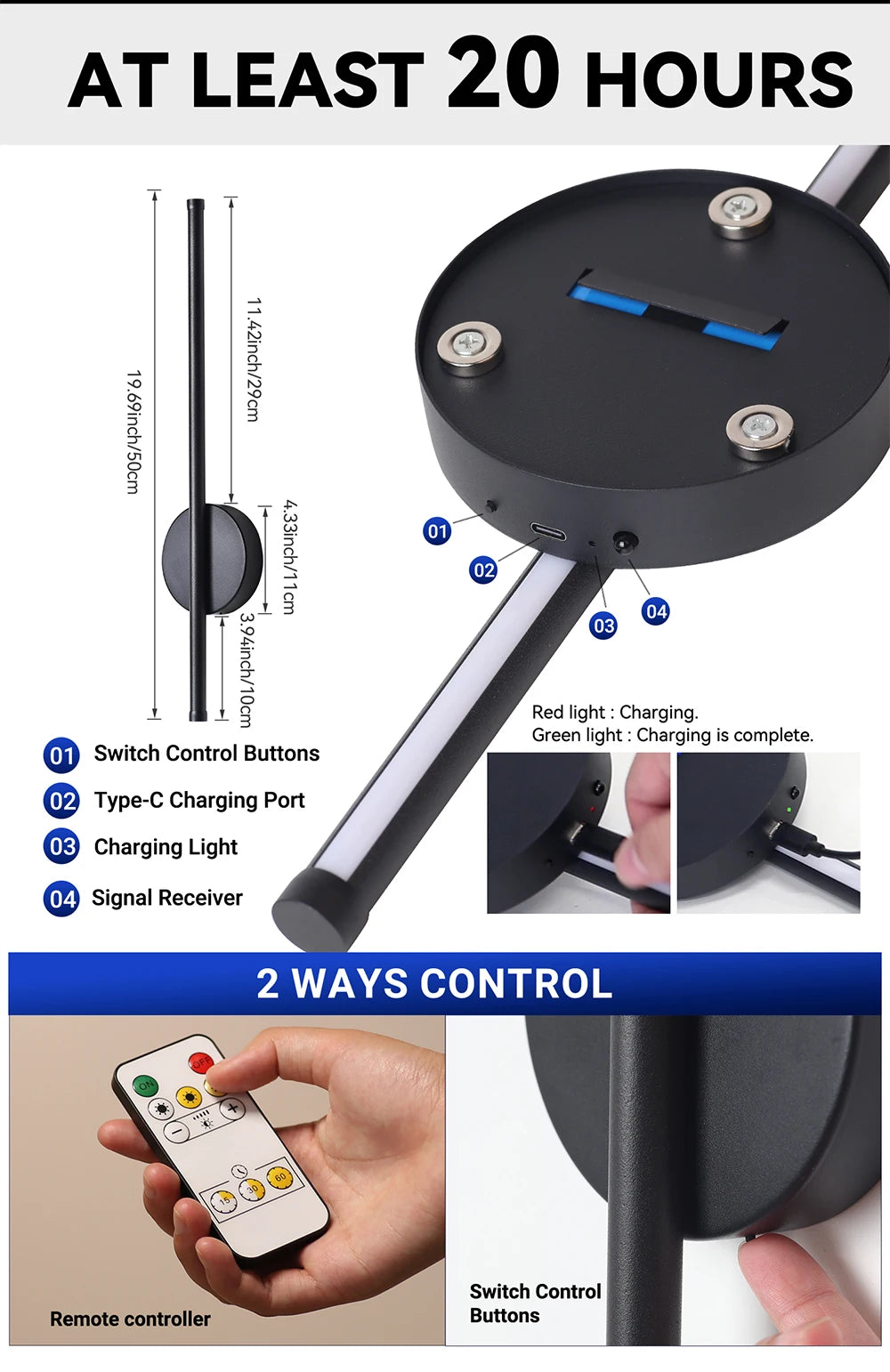 Lâmpada de Parede LED Recarregável com Controle Remoto – Iluminação Moderna e Prática!