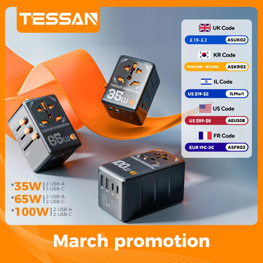 TESSAN 100W GaN Universal Travel Adapter – Carregue com Facilidade em Qualquer Lugar!