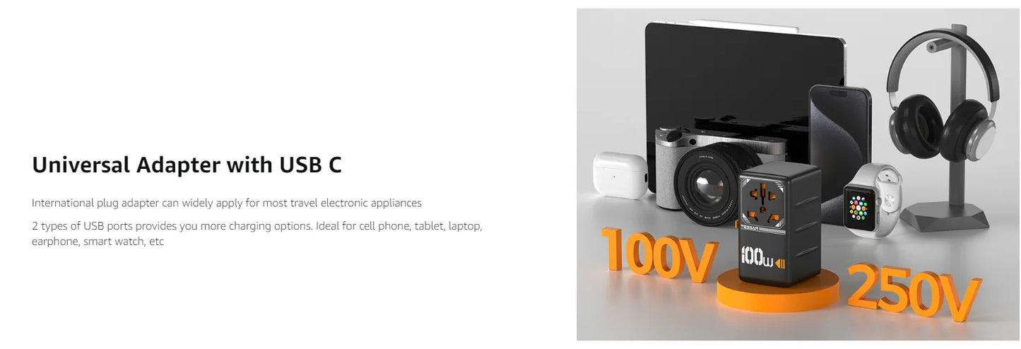 TESSAN 100W GaN Universal Travel Adapter – Carregue com Facilidade em Qualquer Lugar!
