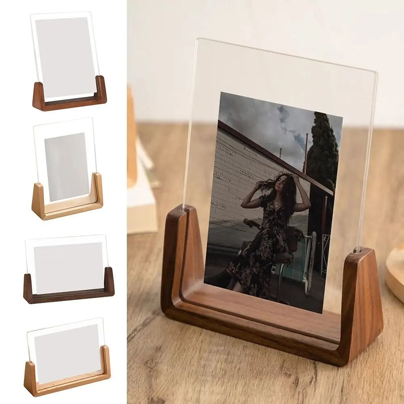 Porta-Retrato Criativo em Formato U de Acrílico com Madeira Nogueira/Bétula para Mesa - Decoração de Casamento ou Escritório